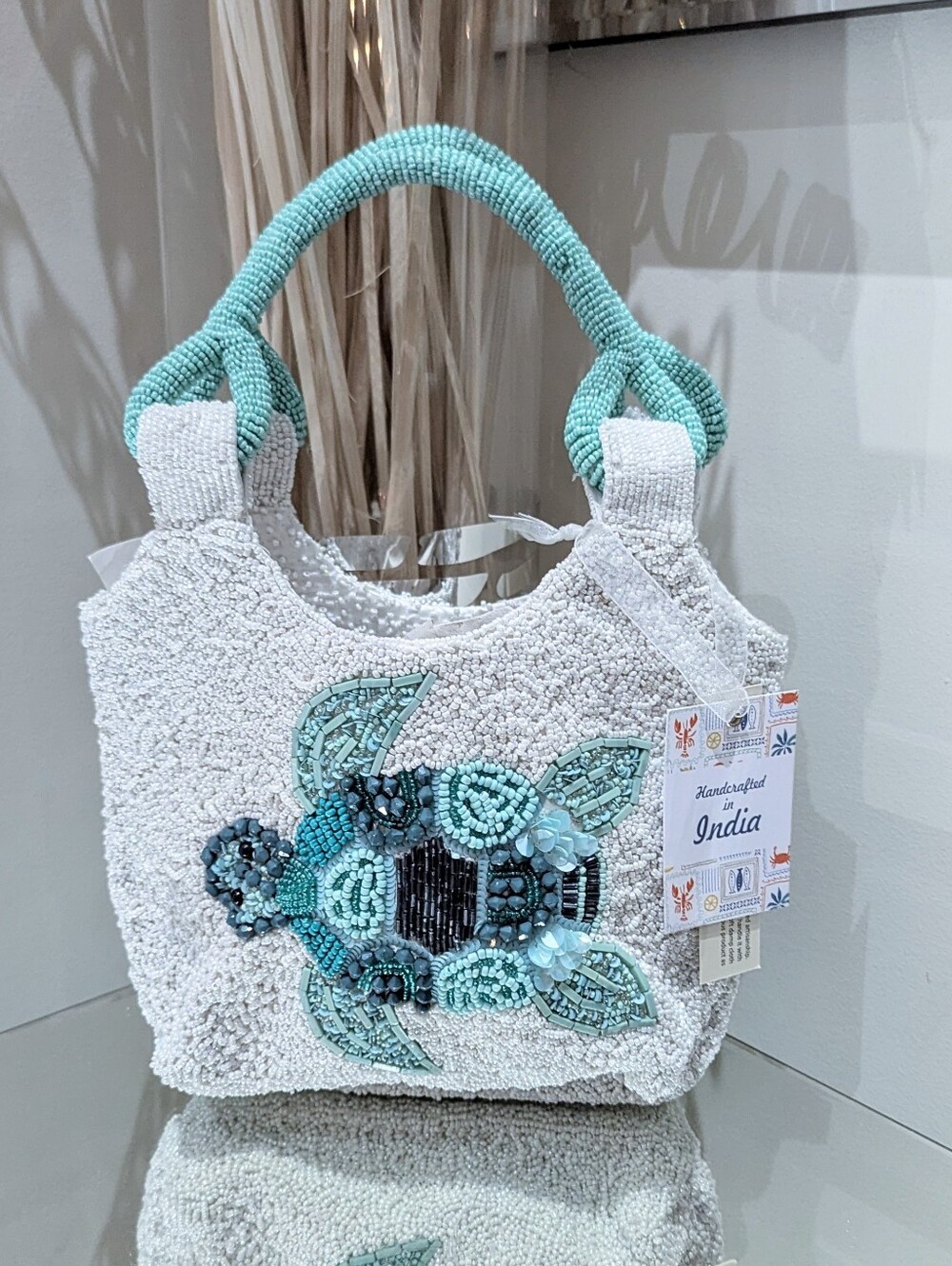 NWT Handcrafted In India Sea Turtle Beaded Bag Viral Tik Tok White Blue